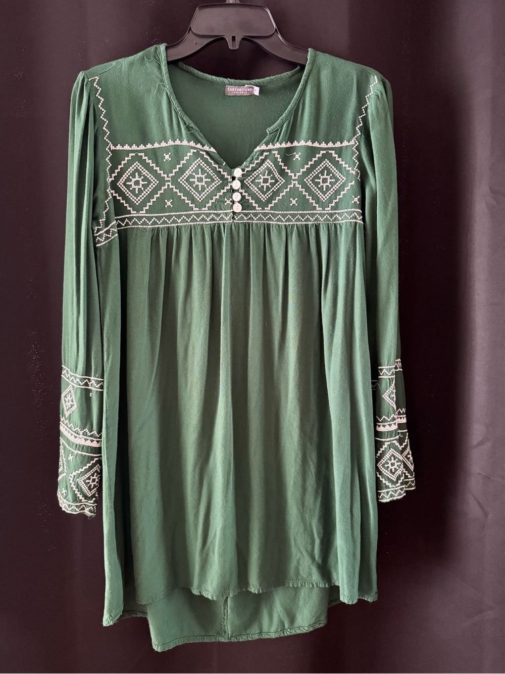 EARTHBOUND Forest Green Embroidered V-Neck Tunic